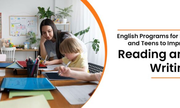 Teacher guiding kids during English reading and writing practice at home